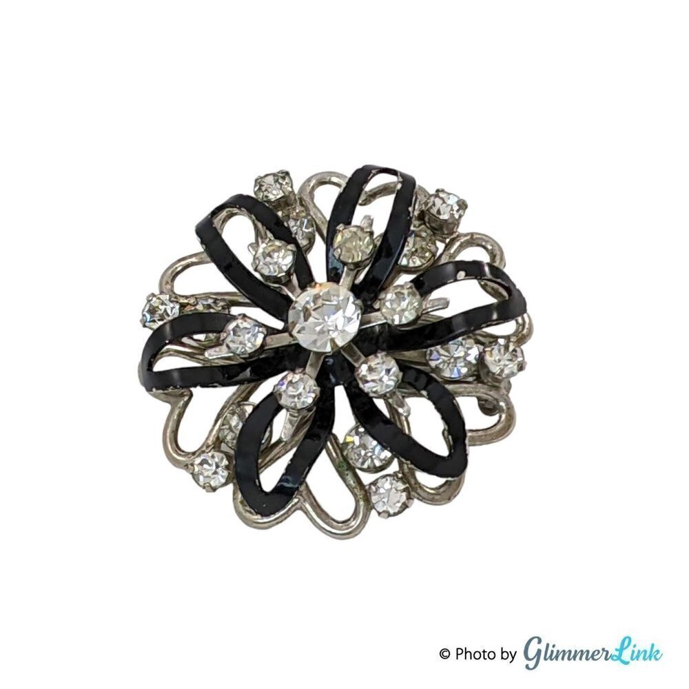 Vintage 1950s Silver Tone Black Enamel Rhinestone Openwork Hearts Brooch